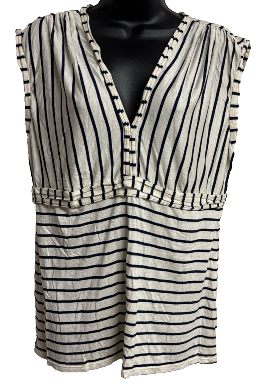Studio M Top Blouse Blue Ivory V-Neck Cap Linen Babydoll Women Stretch New